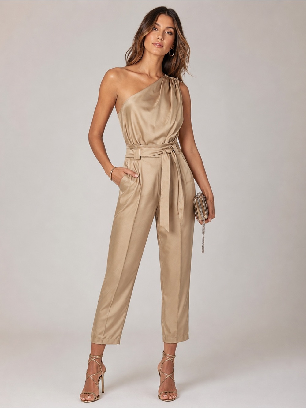 Express One Shoulder Satin Jumpsuit Gold Champagne Taupe Tie Waist Crop Pants